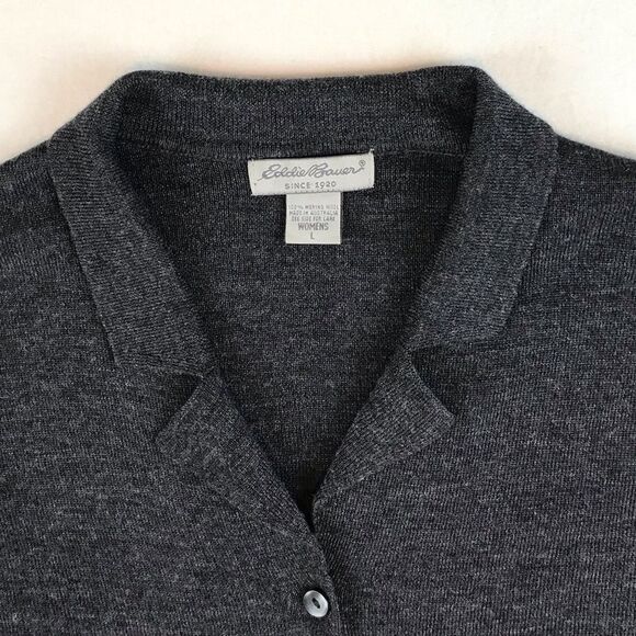 Eddie Bauer Charcoal Grey Collared %100 Merino Wool Cardigan Sweater Women’s L - Picture 2 of 12
